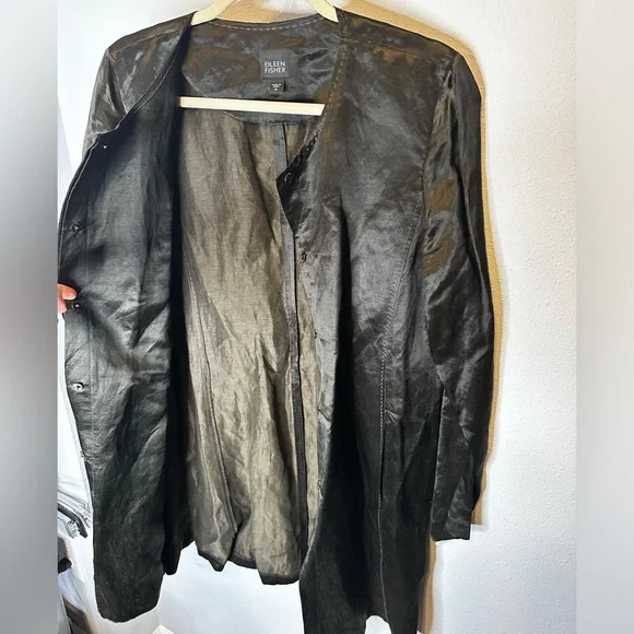 Eileen Fisher Olive Green Silk Linen Long Sleeves Duster dark green medium - Picture 10 of 12